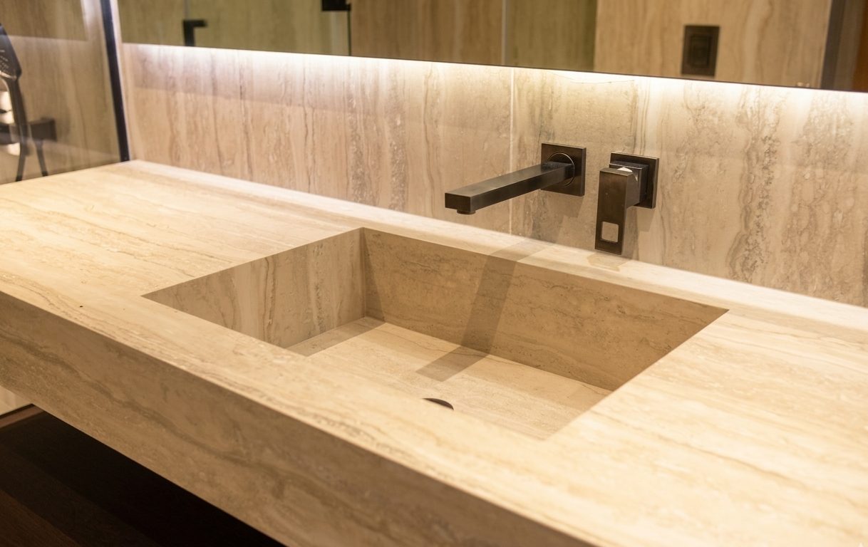 Travertine vanity with a framed mirror in a Dubai bathroom renovation