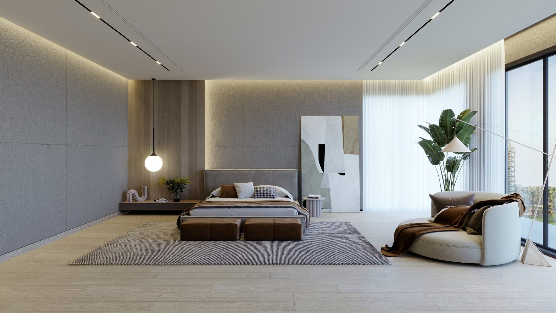 Modern bedroom with textured grey wall