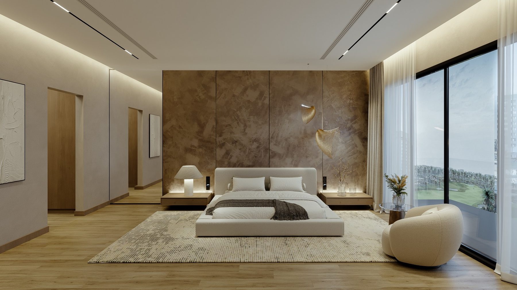 Warm bedroom with bronze-finish feature wall